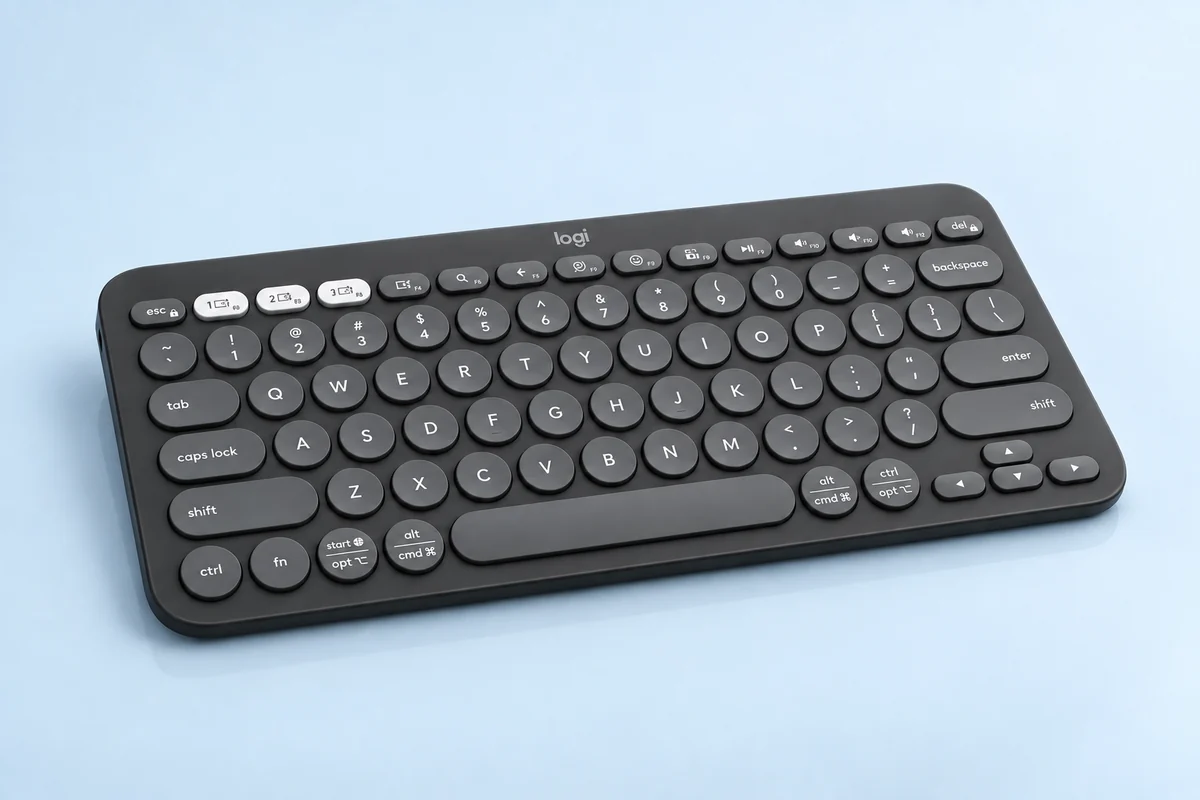 AI-generated studio illustration of Logitech Pebble Keys 2 K380s.