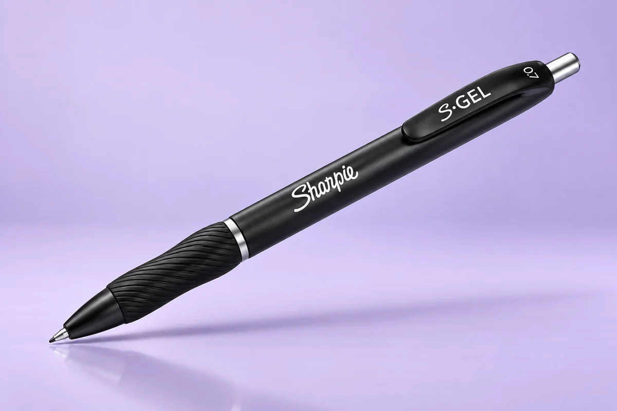 AI-generated illustration of one black Sharpie S-Gel pen from an eight-pack.