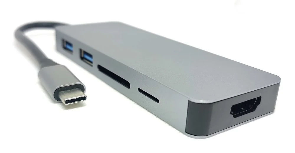 A five-port USB-C hub with HDMI and card-reader ports, illustrating the hub selection