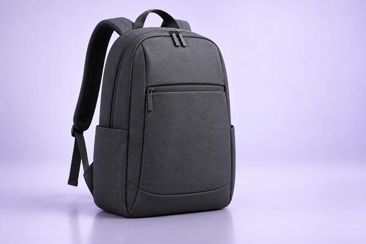 Charcoal campus backpack on a lavender studio background; AI-generated illustration.