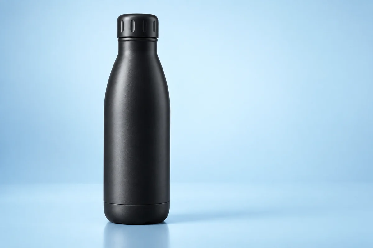 Black reusable bottle on an ice-blue studio background; AI-generated illustration.