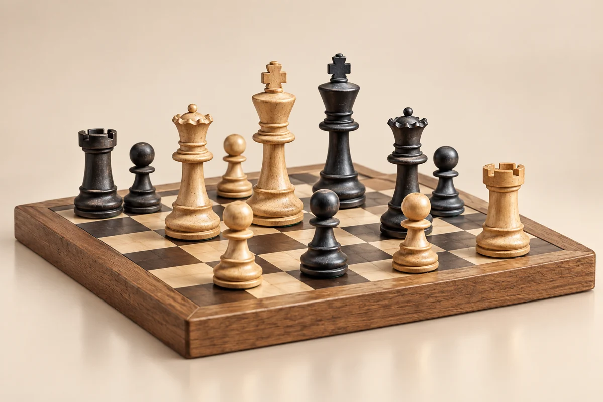 AI-styled illustration: Illustrative wooden chess set.