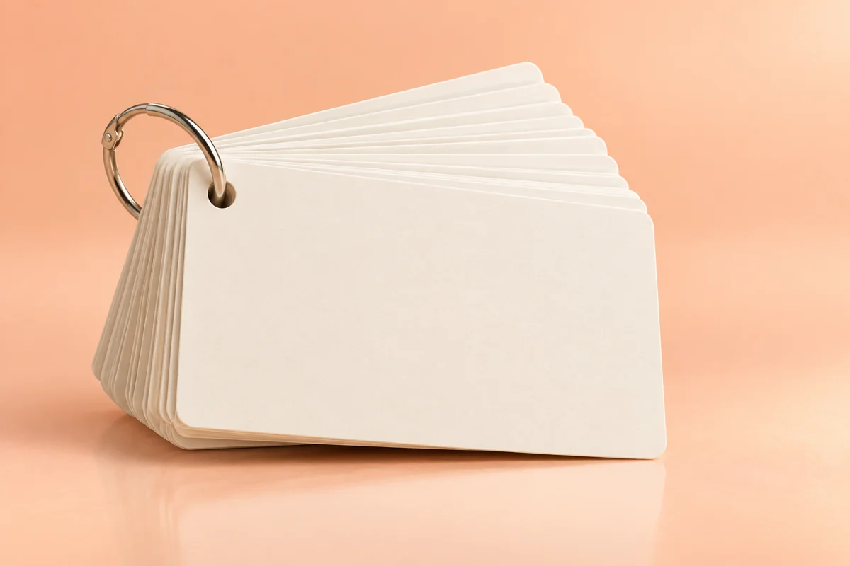 Blank revision cards on a peach studio background; AI-generated illustration.