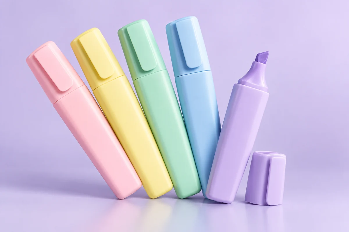 Pastel highlighters on a lilac studio background; AI-generated illustration.