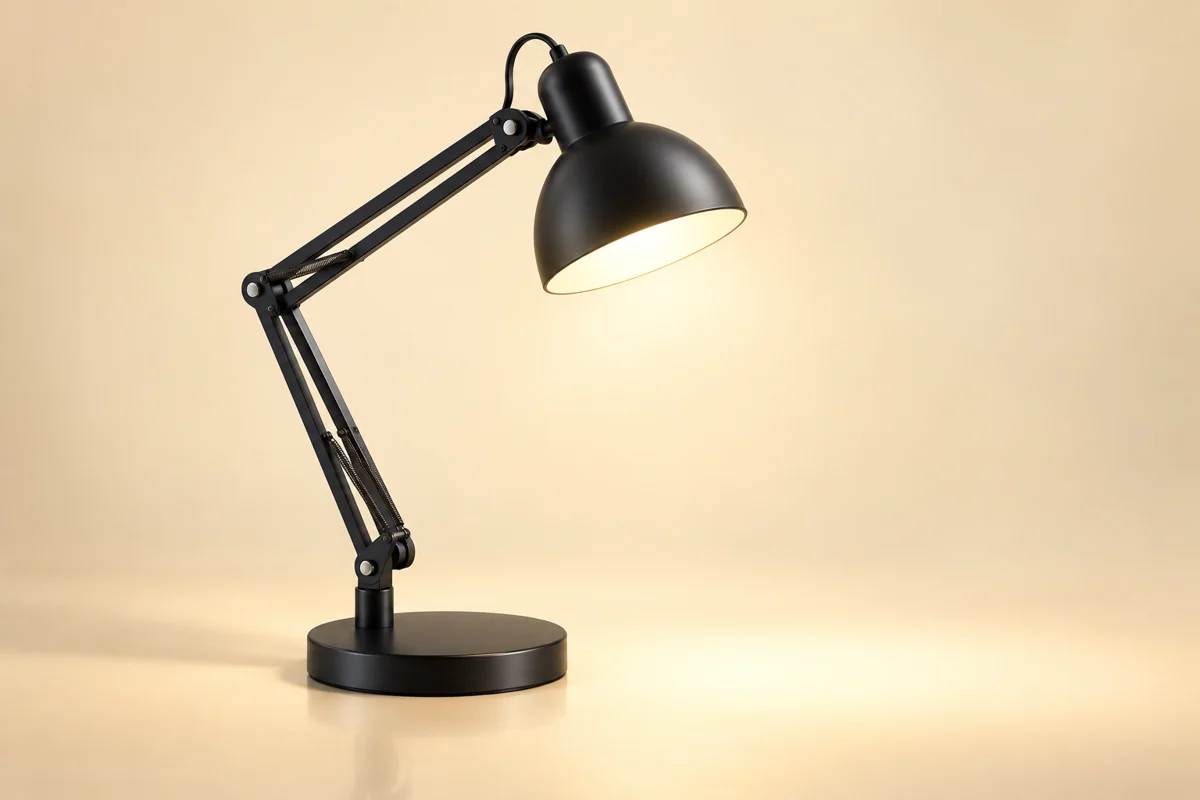 Black adjustable desk lamp on a warm studio background; AI-generated illustration.