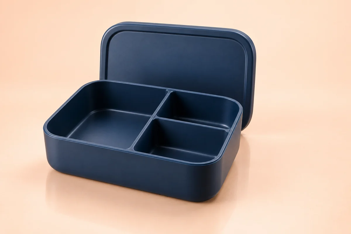 Adult bento lunch box on a soft peach studio background; AI-generated illustration.