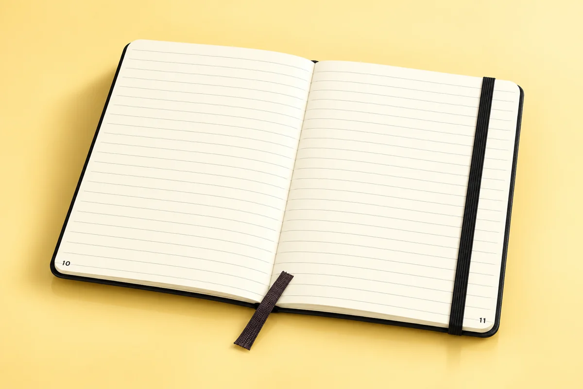 AI-styled illustration: Moleskine ruled notebook pictured.