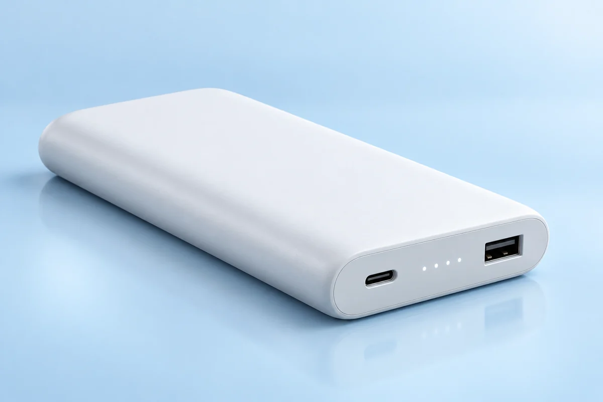 White portable power bank on an ice-blue studio background; AI-generated illustration.
