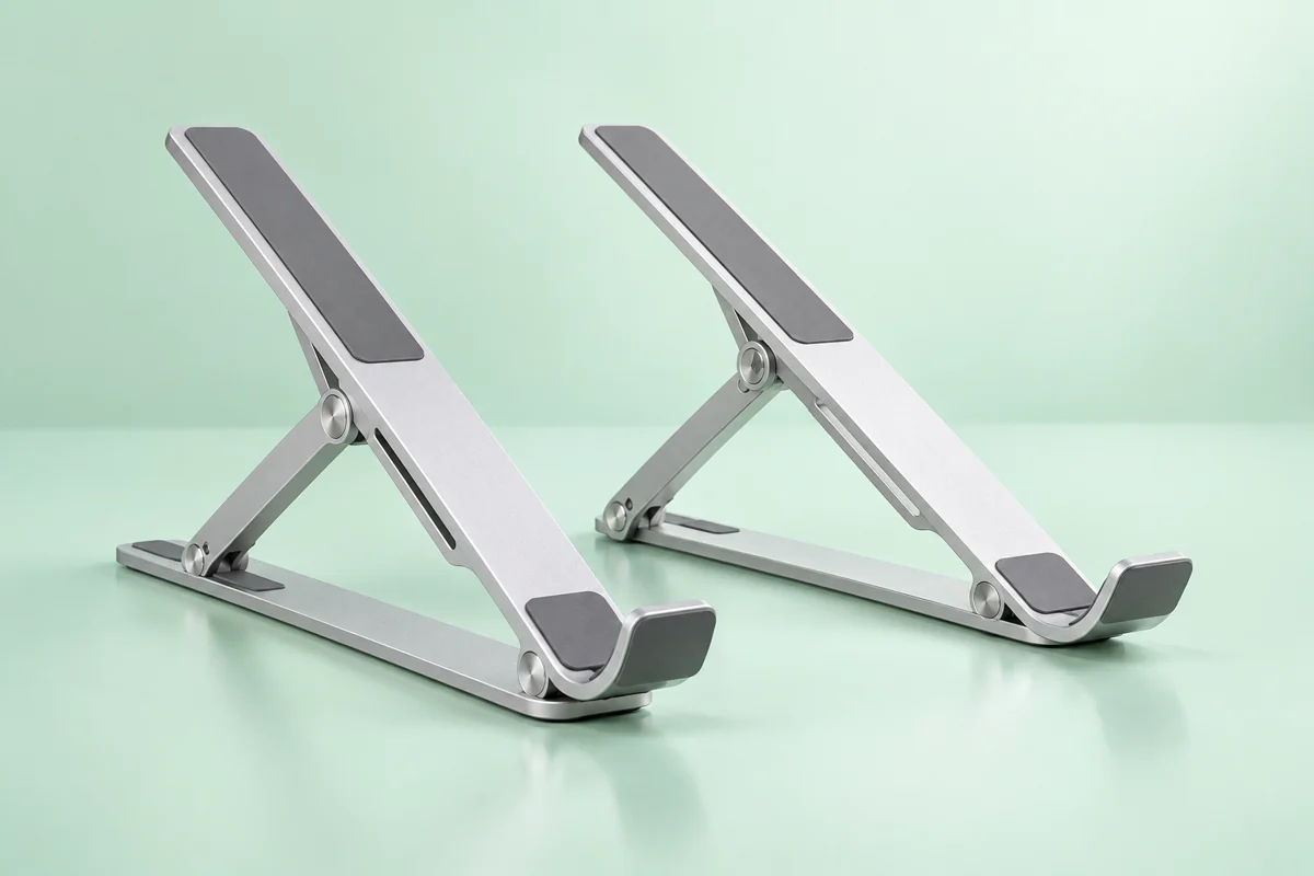 Folding laptop stand on a pale mint studio background; AI-generated illustration.